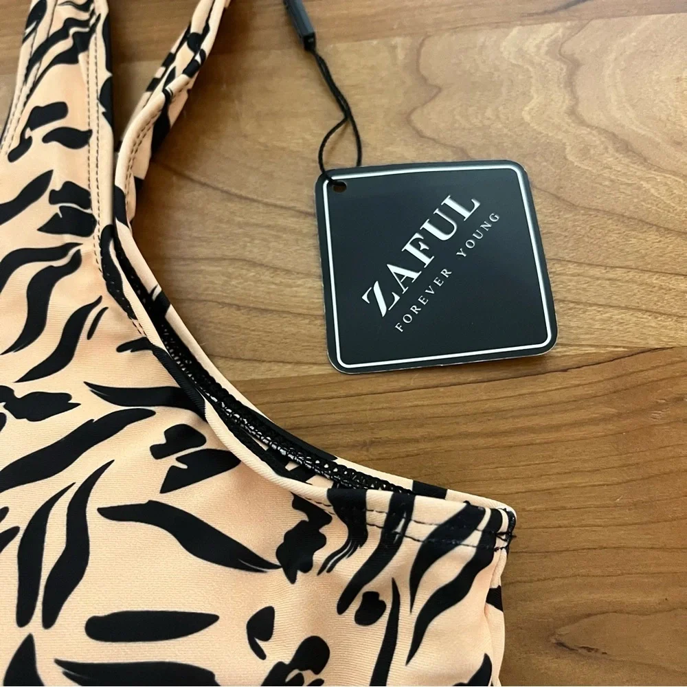 Zaful Animal Print Plunge Bikini‎ Top Tan Black Size 8 NEW